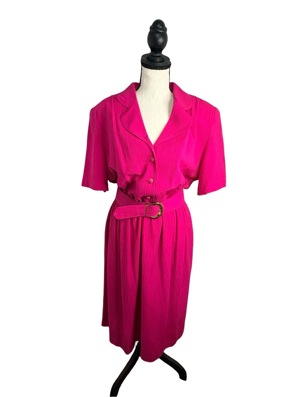 Vintage Aimee‎ Hot Pink Belted Midi Dress Pockets Made in Canada Fuchsia M MS